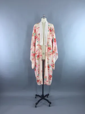Vintage 1930s Silk Kimono Robe / Ivory Pink Aqua Floral Print