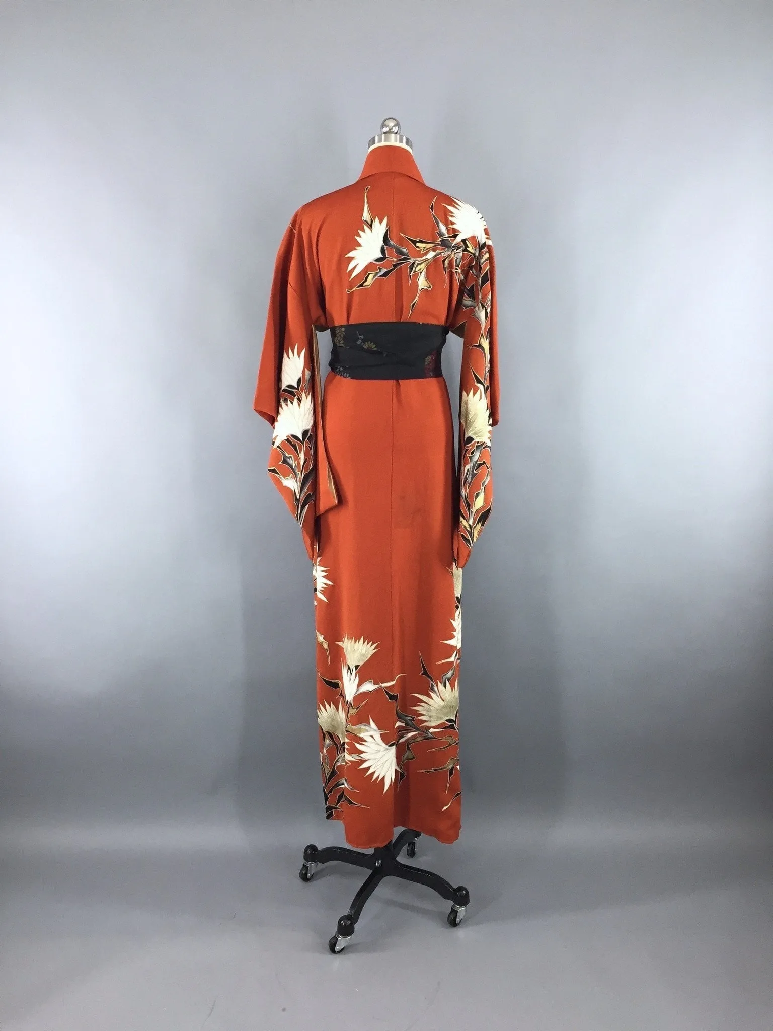 Vintage 1930s Silk Kimono Robe / Rust Floral Print