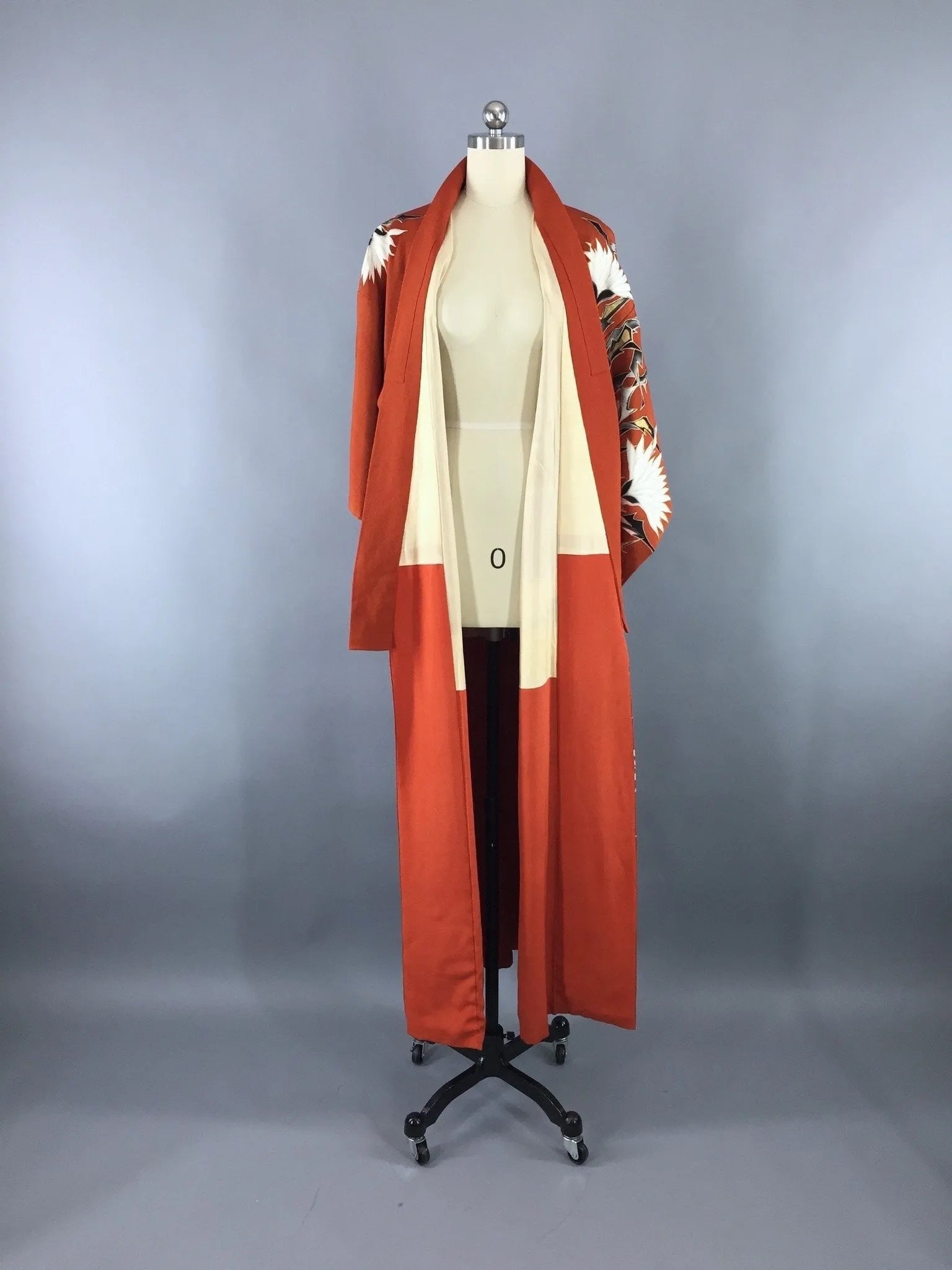 Vintage 1930s Silk Kimono Robe / Rust Floral Print