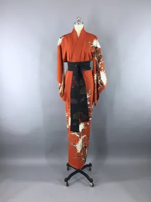 Vintage 1930s Silk Kimono Robe / Rust Floral Print