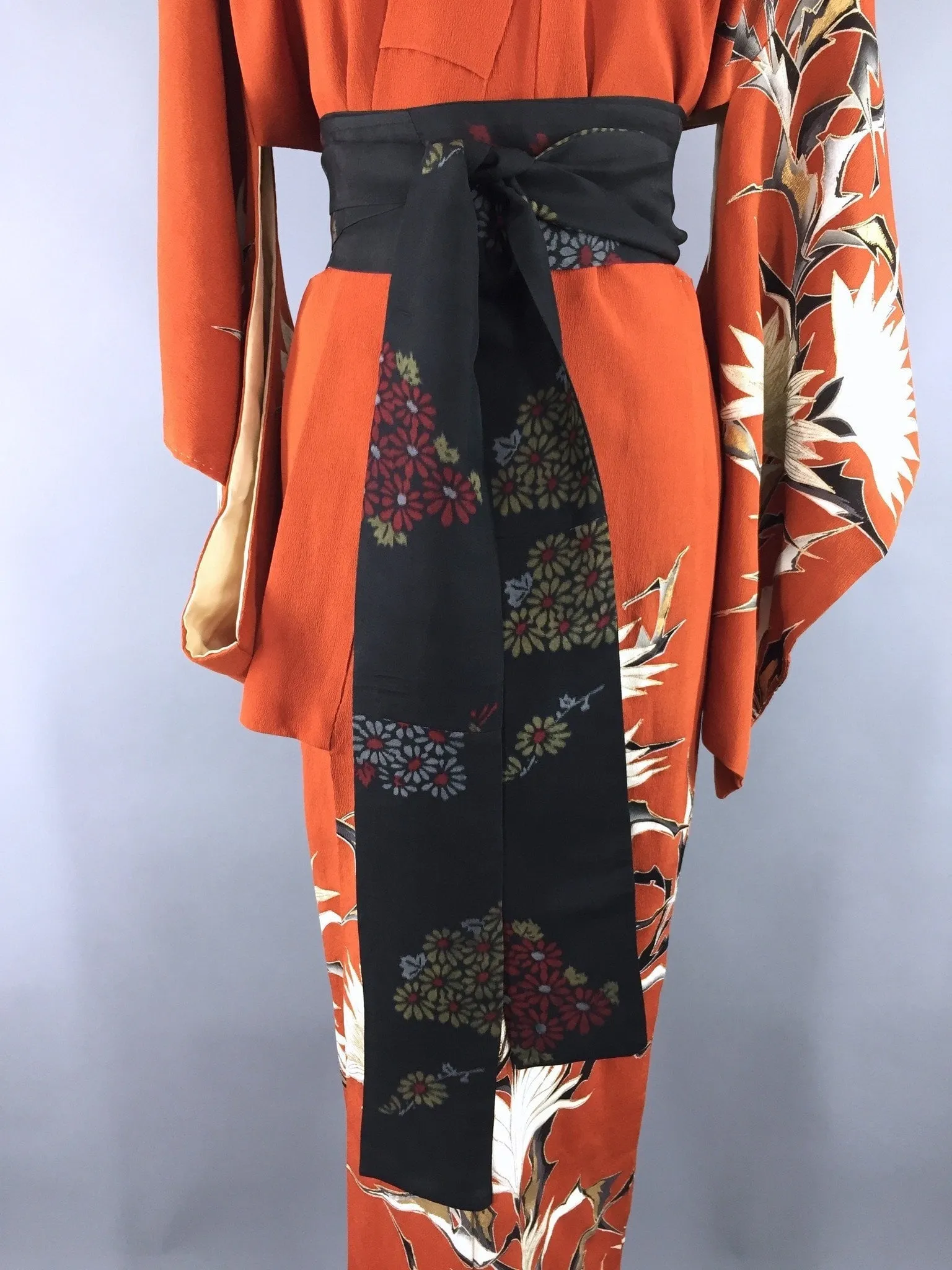 Vintage 1930s Silk Kimono Robe / Rust Floral Print