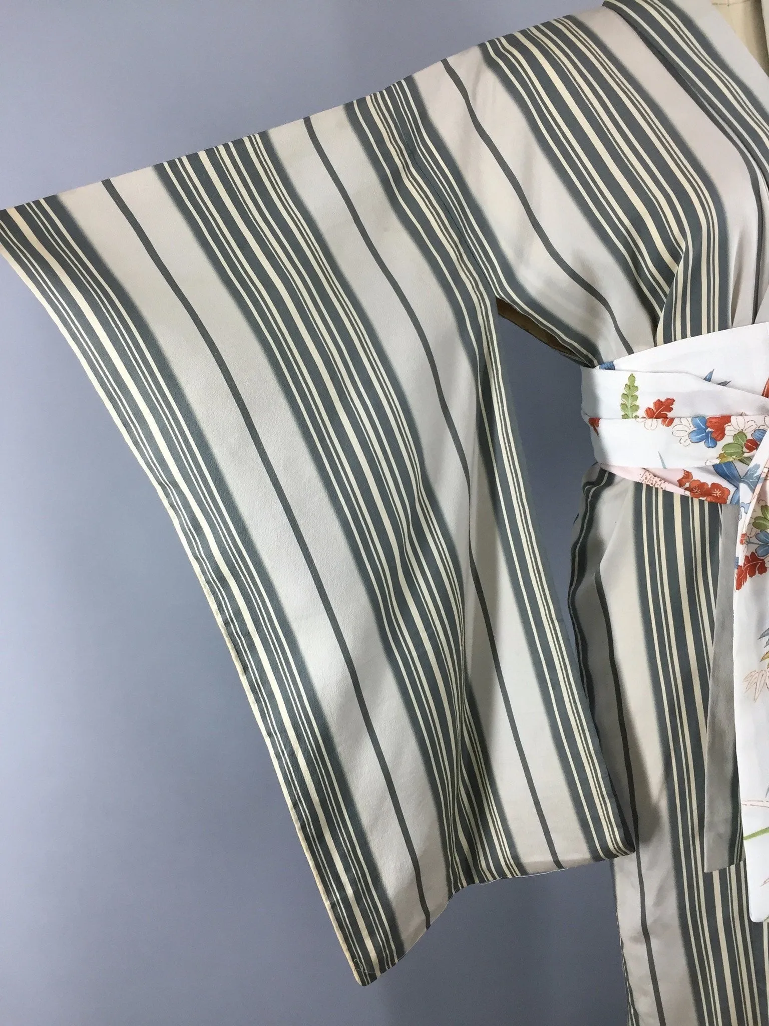 Vintage 1930s Vintage Silk Kimono Robe / Sage Green Stripes