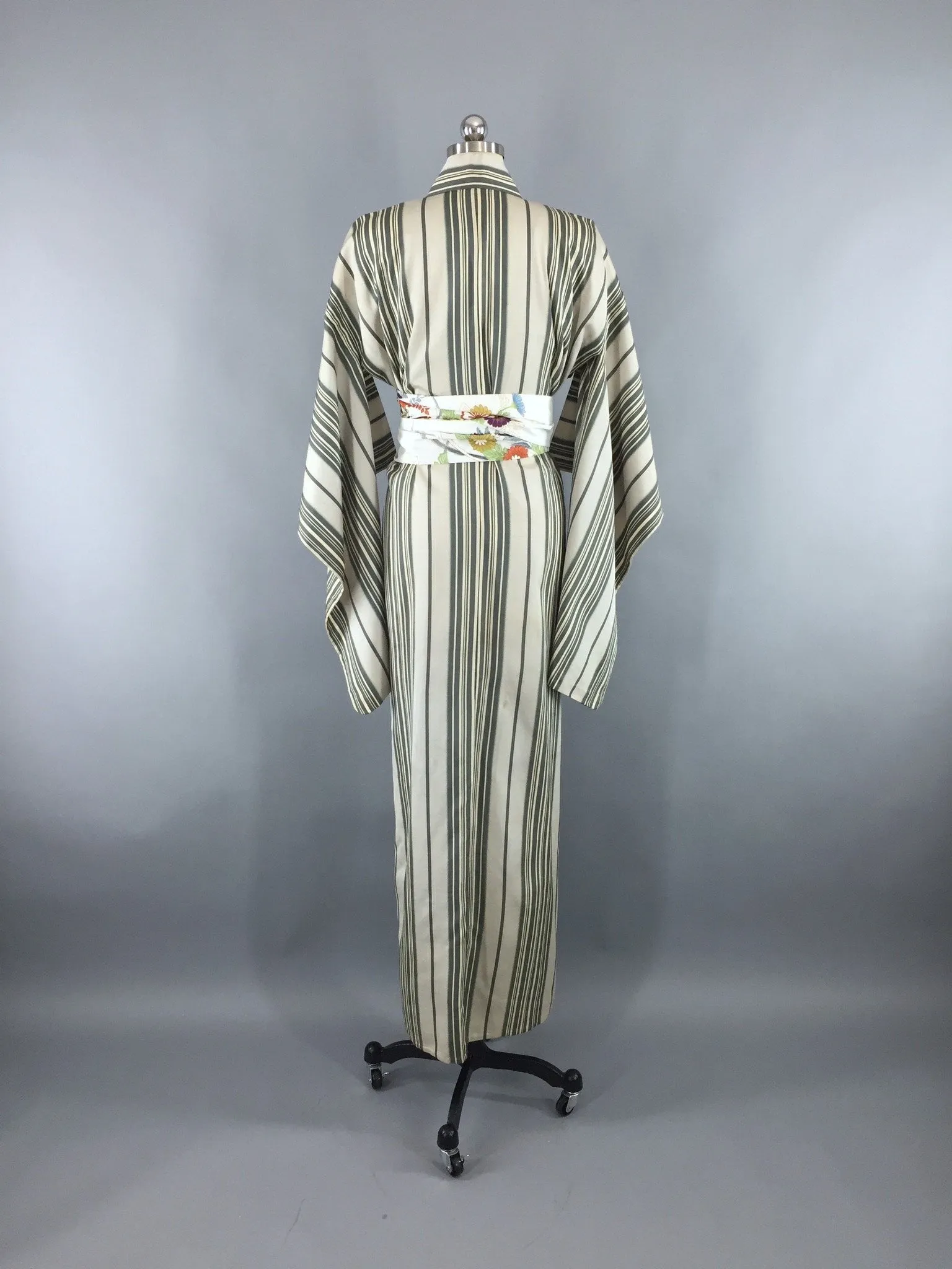 Vintage 1930s Vintage Silk Kimono Robe / Sage Green Stripes