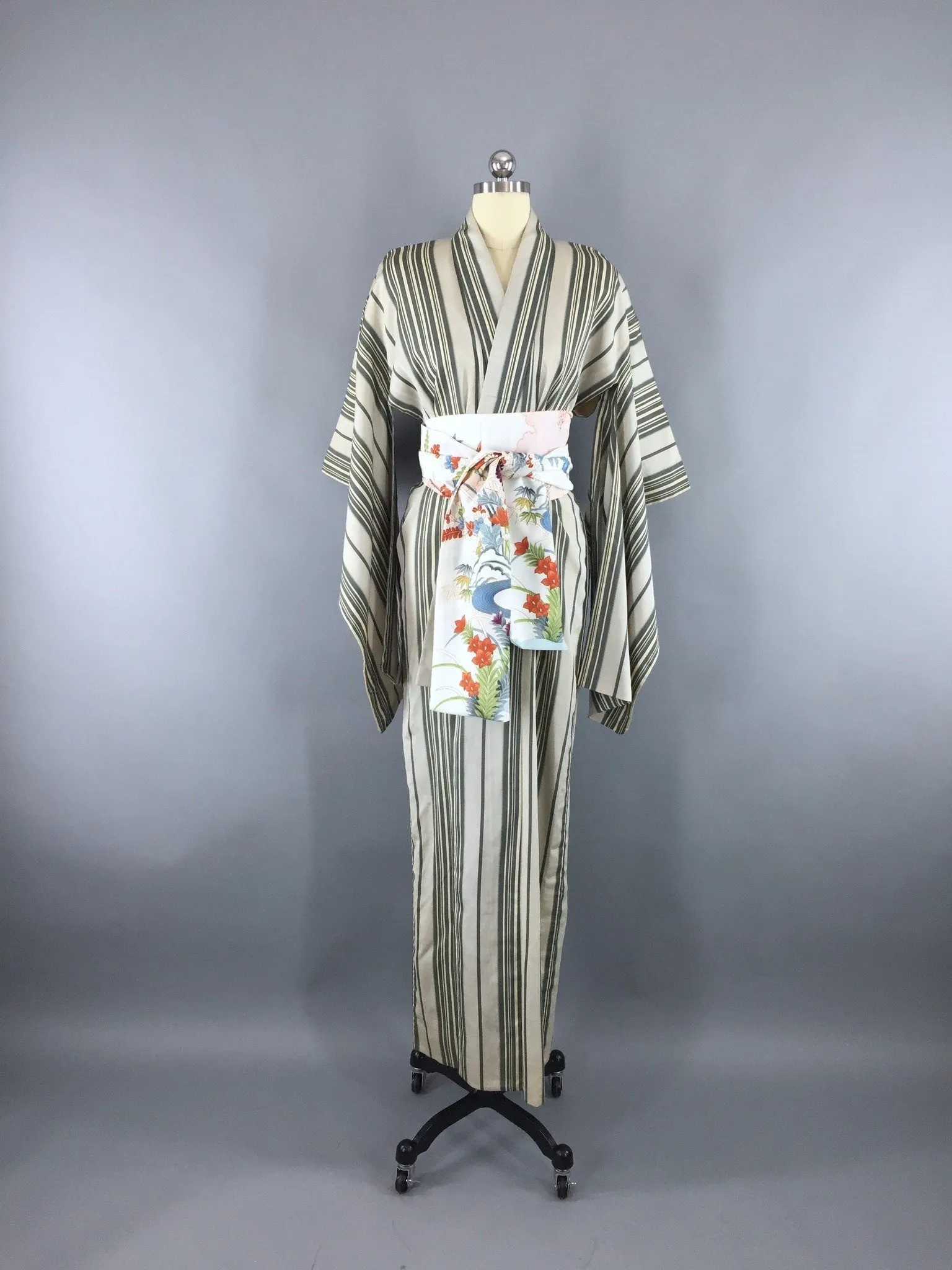 Vintage 1930s Vintage Silk Kimono Robe / Sage Green Stripes
