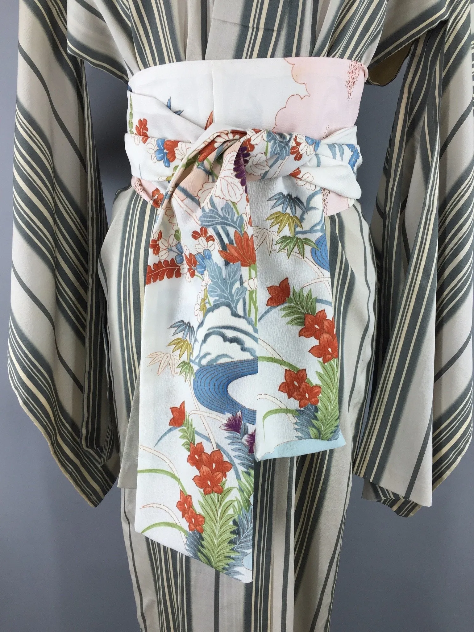 Vintage 1930s Vintage Silk Kimono Robe / Sage Green Stripes