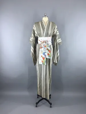Vintage 1930s Vintage Silk Kimono Robe / Sage Green Stripes