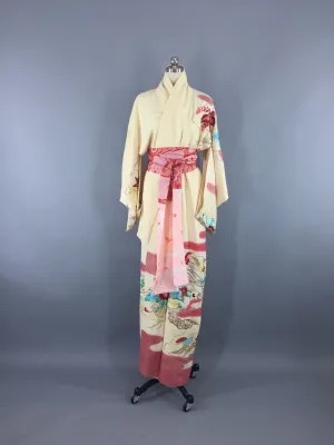 Vintage 1940s Silk Kimono Robe / Pale Yellow Embroidered Birds Floral