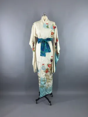 Vintage 1950s Silk Kimono Robe Furisode with Blue Floral Embroidery