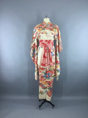 Vintage 1950s Vintage Silk Kimono Robe Furisode / Ivory Red Shibori Floral Print