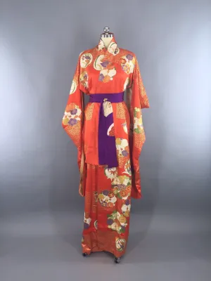 Vintage 1960s Silk Kimono Robe Art Deco Orange Floral