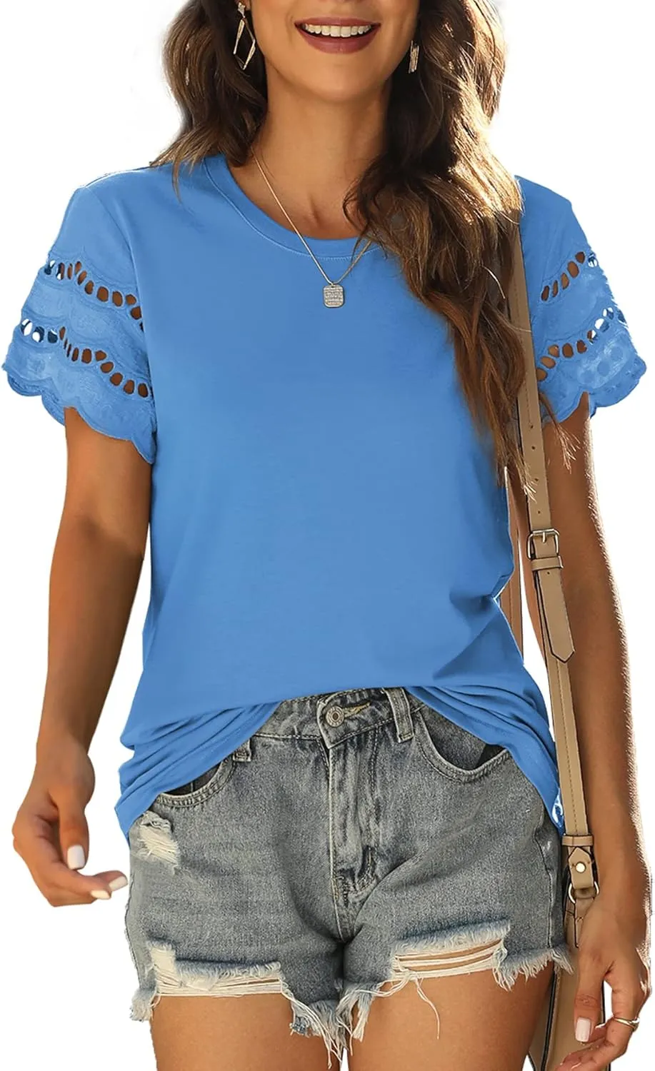 Womens Lace Short Sleeve T Shirts Summer Tops Loose Casual Tee Shirt