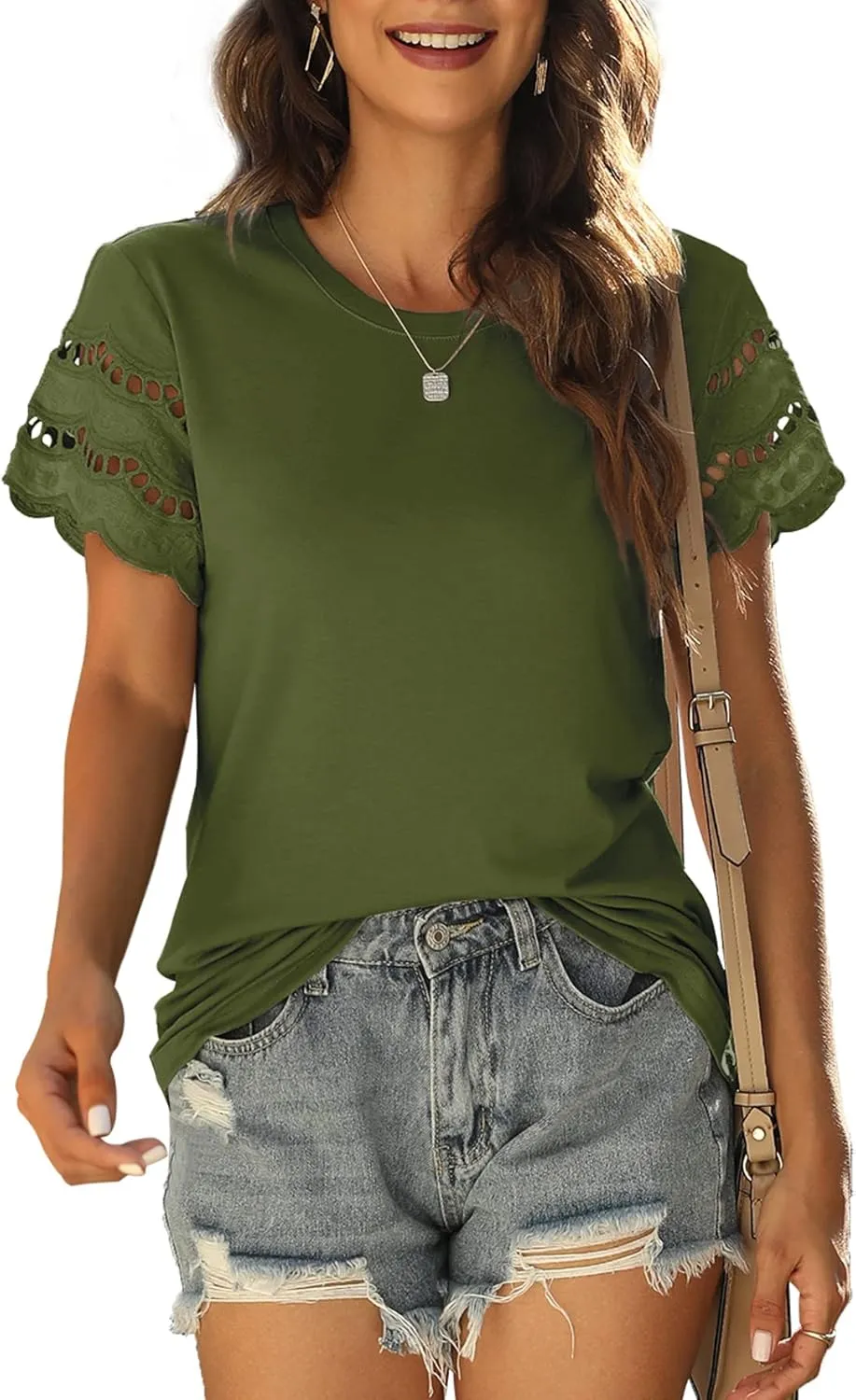 Womens Lace Short Sleeve T Shirts Summer Tops Loose Casual Tee Shirt