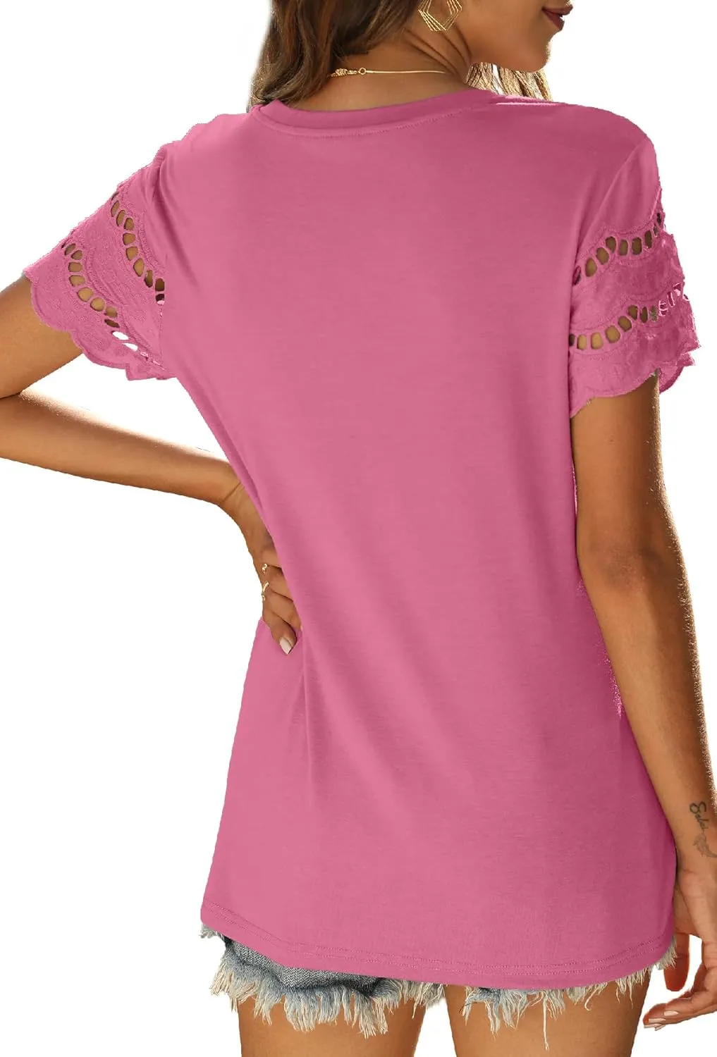 Womens Lace Short Sleeve T Shirts Summer Tops Loose Casual Tee Shirt