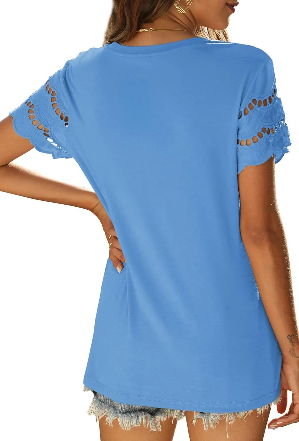 Womens Lace Short Sleeve T Shirts Summer Tops Loose Casual Tee Shirt