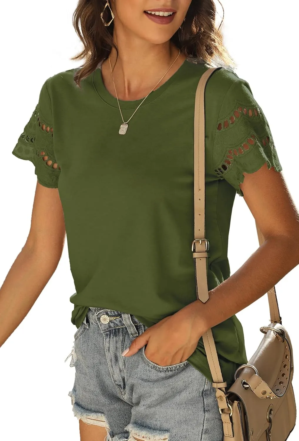 Womens Lace Short Sleeve T Shirts Summer Tops Loose Casual Tee Shirt