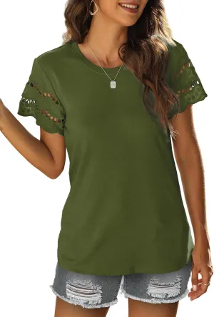 Womens Lace Short Sleeve T Shirts Summer Tops Loose Casual Tee Shirt