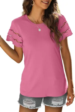 Womens Lace Short Sleeve T Shirts Summer Tops Loose Casual Tee Shirt