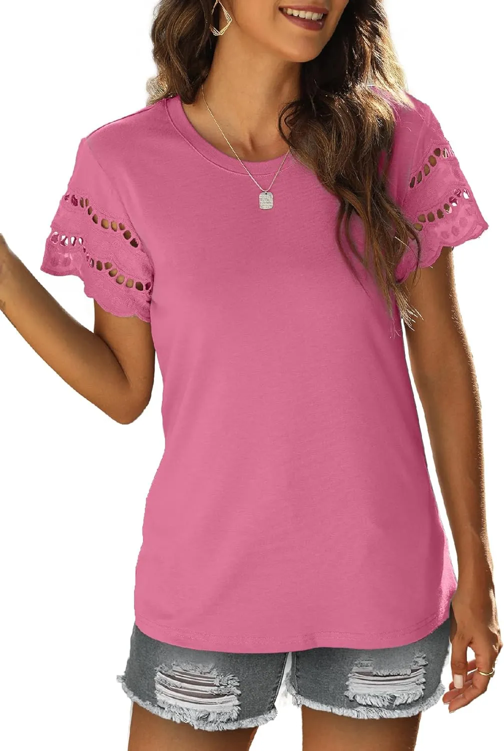 Womens Lace Short Sleeve T Shirts Summer Tops Loose Casual Tee Shirt